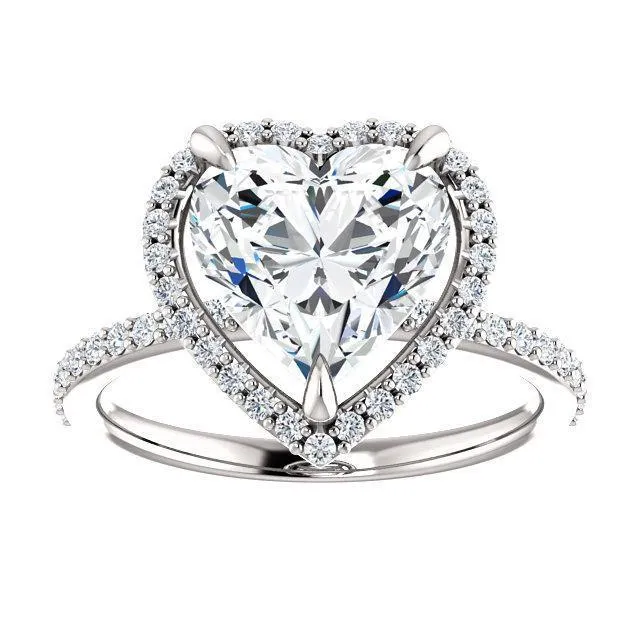Fire Brilliance Rings Heart Moissanite Diamond Accent Ice Halo Ring