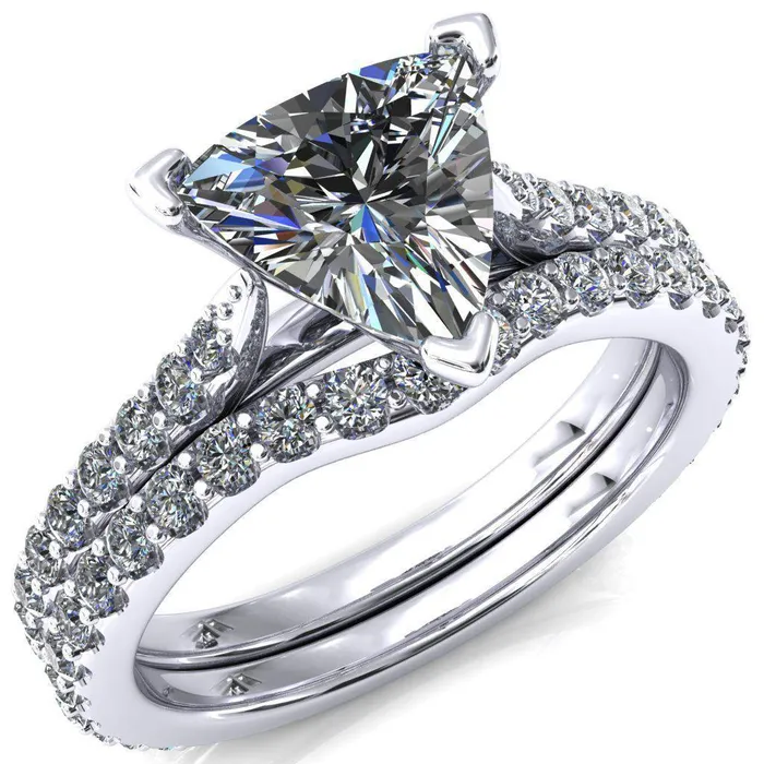 Fire Brilliance Rings Kelsy Trillion Moissanite 3 Prong 34 Shared Scalloped Inverted Cathedral Ring Fire Brilliance Rings Kelsy Trillion Moissanite 3 Prong 34 Shared Scalloped Inverted Cathedral Ring