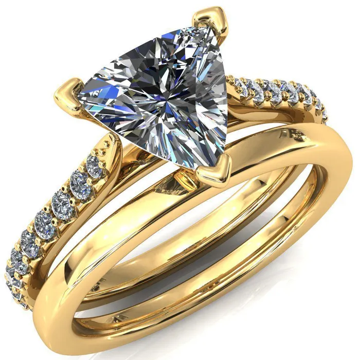 Fire Brilliance Rings Kelsy Trillion Moissanite 3 Prong 34 Shared Scalloped Inverted Cathedral Ring