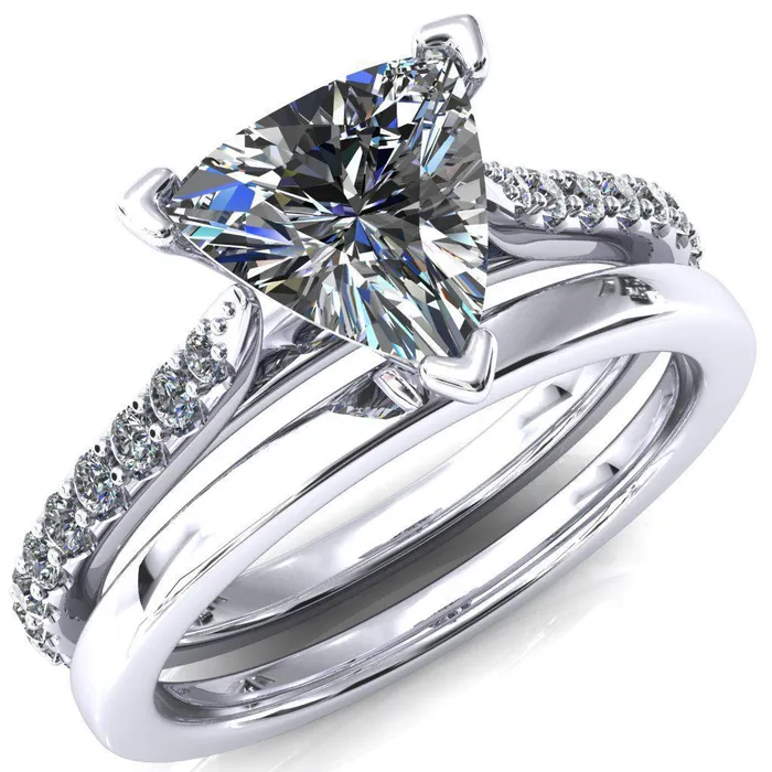 Fire Brilliance Rings Kelsy Trillion Moissanite 3 Prong 34 Shared Scalloped Inverted Cathedral Ring