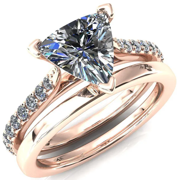 Fire Brilliance Rings Kelsy Trillion Moissanite 3 Prong 34 Shared Scalloped Inverted Cathedral Ring