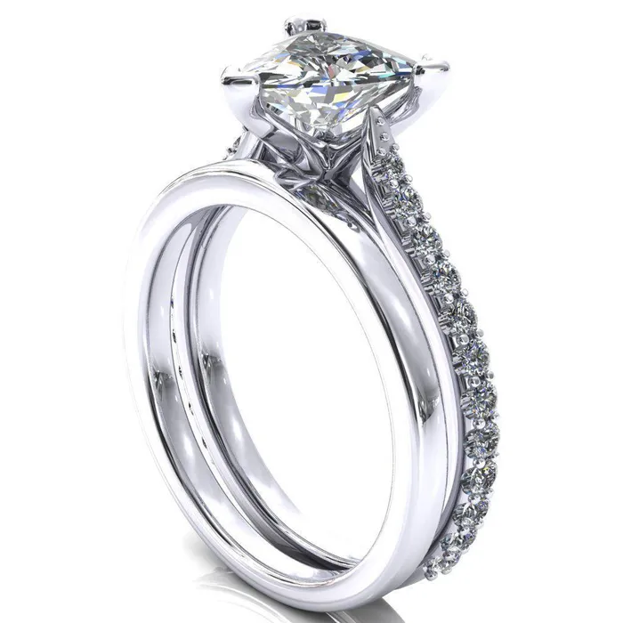 Fire Brilliance Rings Kelsy Trillion Moissanite 3 Prong 34 Shared Scalloped Inverted Cathedral Ring