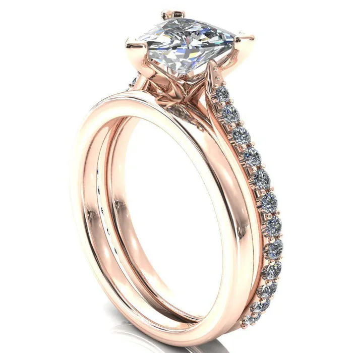 Fire Brilliance Rings Kelsy Trillion Moissanite 3 Prong 34 Shared Scalloped Inverted Cathedral Ring