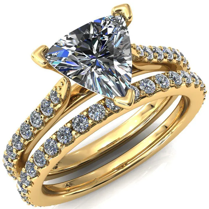 Fire Brilliance Rings Kelsy Trillion Moissanite 3 Prong 34 Shared Scalloped Inverted Cathedral Ring