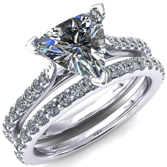 Fire Brilliance Rings Kelsy Trillion Moissanite 3 Prong 34 Shared Scalloped Inverted Cathedral Ring