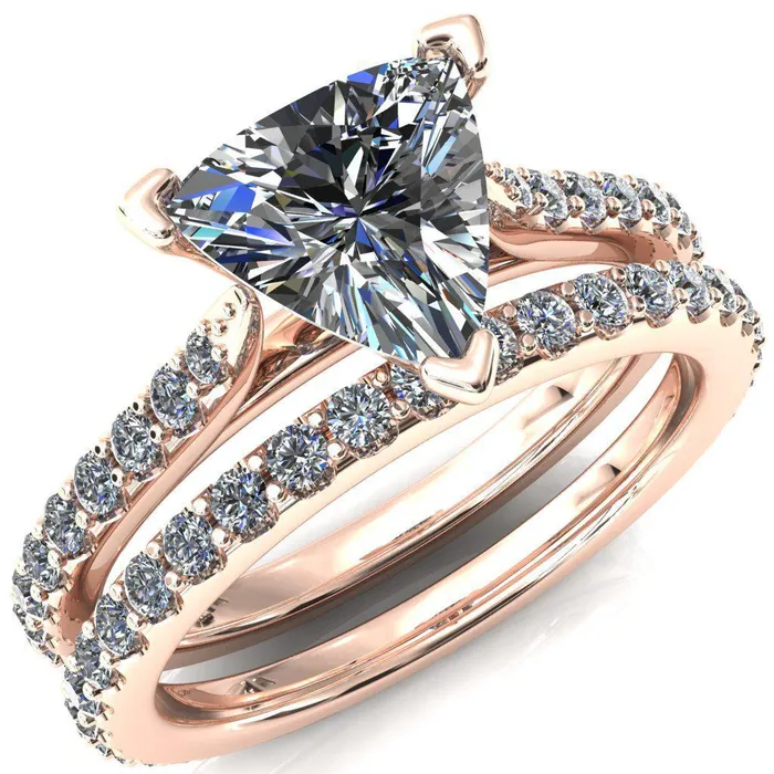 Fire Brilliance Rings Kelsy Trillion Moissanite 3 Prong 34 Shared Scalloped Inverted Cathedral Ring