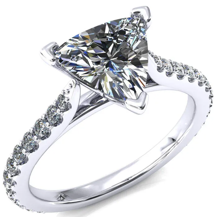 Fire Brilliance Rings Kelsy Trillion Moissanite 3 Prong 34 Shared Scalloped Inverted Cathedral Ring