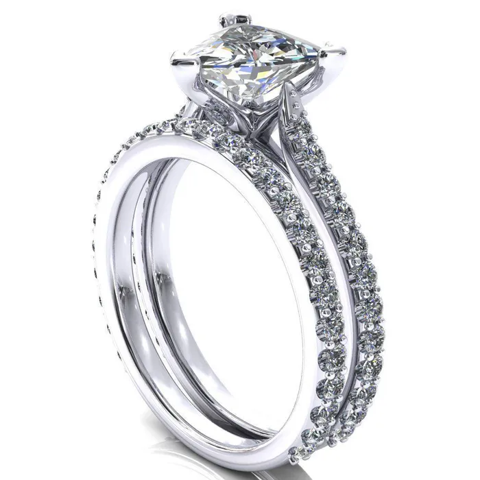 Fire Brilliance Rings Kelsy Trillion Moissanite 3 Prong 34 Shared Scalloped Inverted Cathedral Ring
