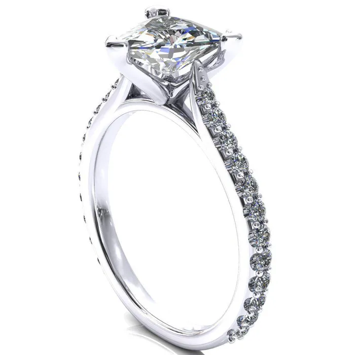 Fire Brilliance Rings Kelsy Trillion Moissanite 3 Prong 34 Shared Scalloped Inverted Cathedral Ring