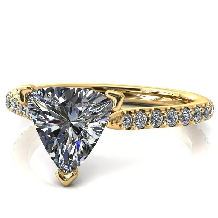 Fire Brilliance Rings Kelsy Trillion Moissanite 3 Prong 34 Shared Scalloped Inverted Cathedral Ring