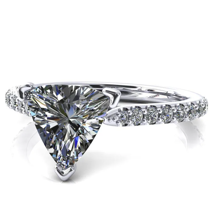 Fire Brilliance Rings Kelsy Trillion Moissanite 3 Prong 34 Shared Scalloped Inverted Cathedral Ring