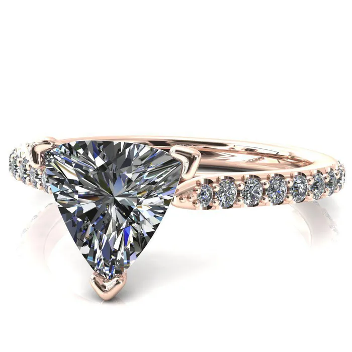 Fire Brilliance Rings Kelsy Trillion Moissanite 3 Prong 34 Shared Scalloped Inverted Cathedral Ring