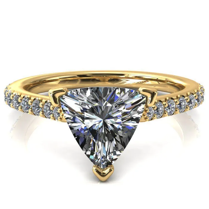 Fire Brilliance Rings Kelsy Trillion Moissanite 3 Prong 34 Shared Scalloped Inverted Cathedral Ring