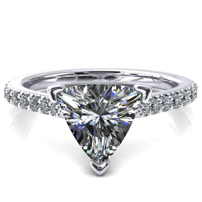 Fire Brilliance Rings Kelsy Trillion Moissanite 3 Prong 34 Shared Scalloped Inverted Cathedral Ring
