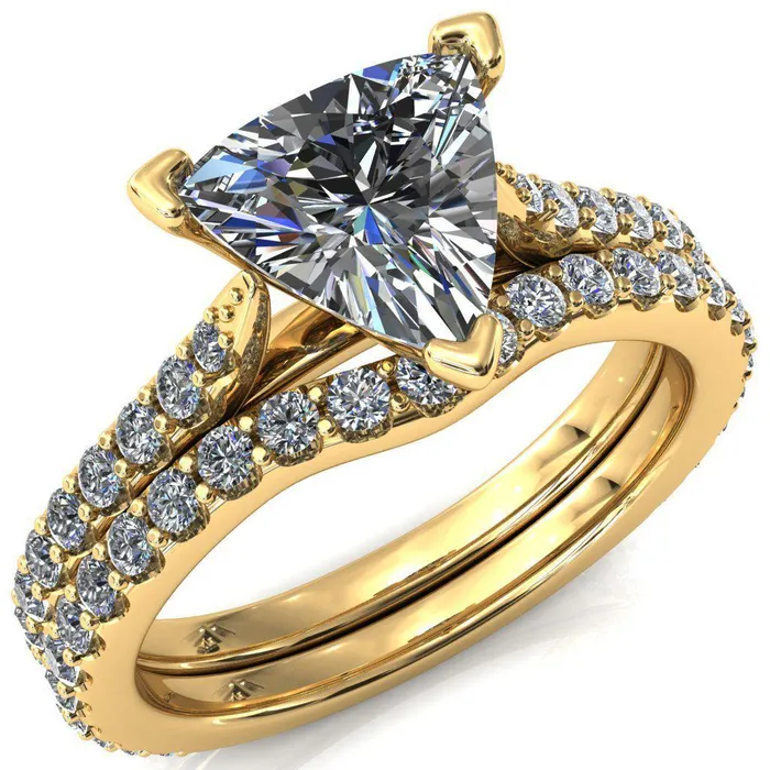 Fire Brilliance Rings Kelsy Trillion Moissanite 3 Prong 34 Shared Scalloped Inverted Cathedral Ring