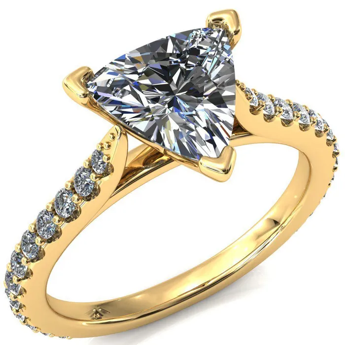 Fire Brilliance Rings Kelsy Trillion Moissanite 3 Prong 34 Shared Scalloped Inverted Cathedral Ring
