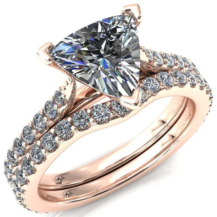 Fire Brilliance Rings Kelsy Trillion Moissanite 3 Prong 34 Shared Scalloped Inverted Cathedral Ring