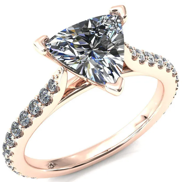 Fire Brilliance Rings Kelsy Trillion Moissanite 3 Prong 34 Shared Scalloped Inverted Cathedral Ring