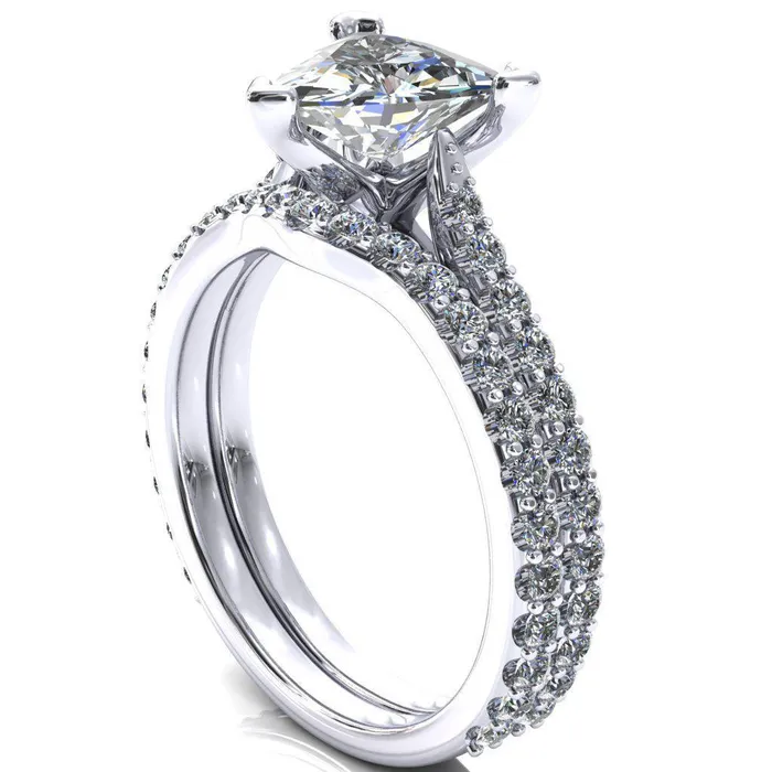 Fire Brilliance Rings Kelsy Trillion Moissanite 3 Prong 34 Shared Scalloped Inverted Cathedral Ring