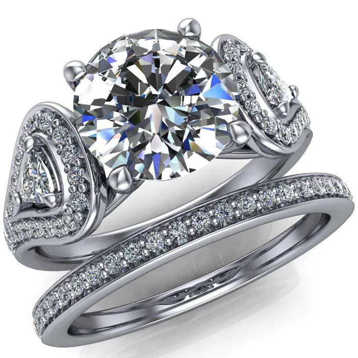 Fire Brilliance Rings Lauren Round Center Stone 2 Trillion Diamond Sides Diamond Accent Ring