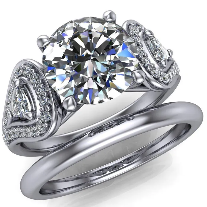 Fire Brilliance Rings Lauren Round Center Stone 2 Trillion Diamond Sides Diamond Accent Ring