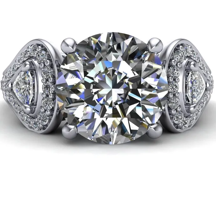 Fire Brilliance Rings Lauren Round Center Stone 2 Trillion Diamond Sides Diamond Accent Ring