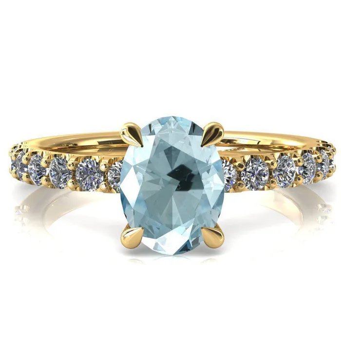 Fire Brilliance Rings Mylene Oval Aqua Blue Spinel 4 Prong Sculptural Half Eternity Diamond Engagement Ring