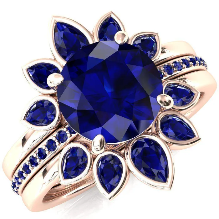 Flora Round Blue Sapphire 12 Eternity Accent Blue Sapphire Ring Fire Brilliance Rings