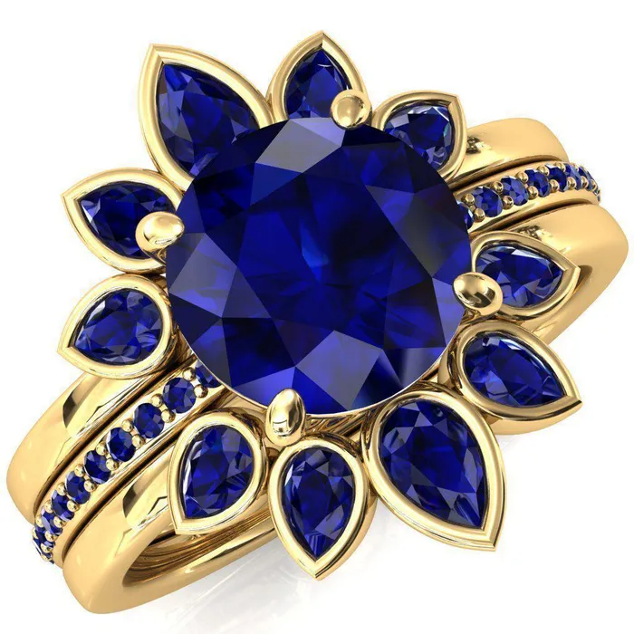 Flora Round Blue Sapphire 12 Eternity Accent Blue Sapphire Ring Fire Brilliance Rings