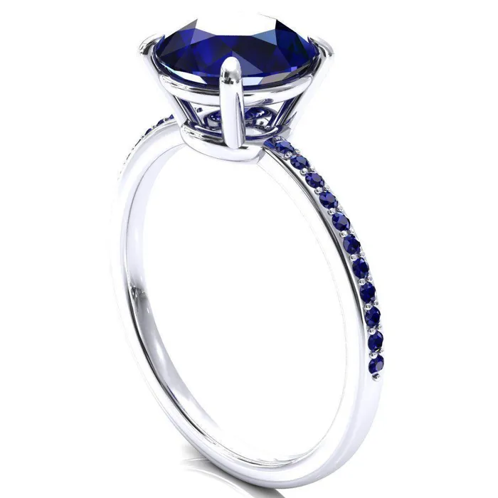Flora Round Blue Sapphire 12 Eternity Accent Blue Sapphire Ring Fire Brilliance Rings