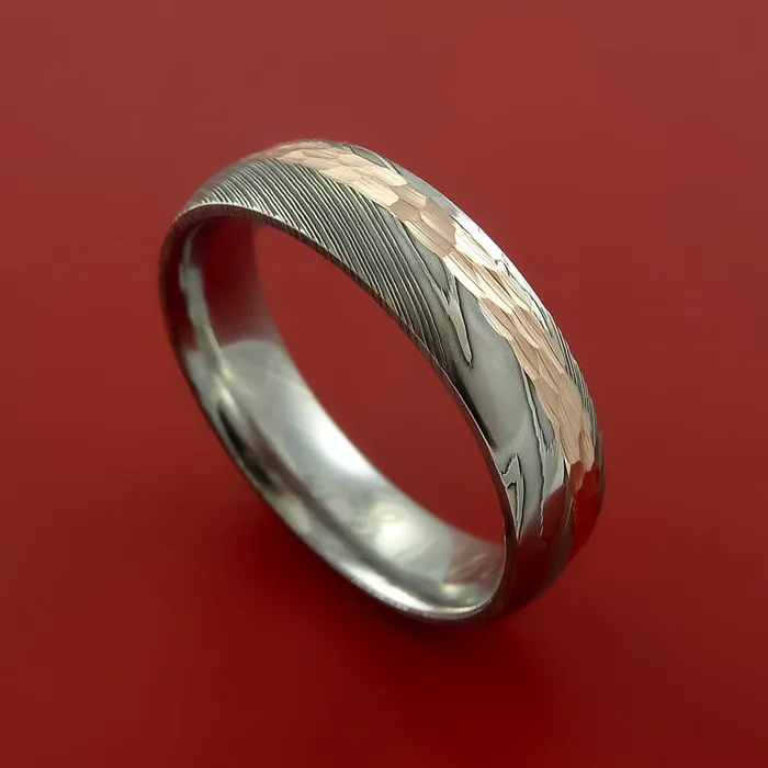 Lashbrook Rings Damascus Steel Ring with 14k Rose Gold Inlay Custom Made Band Lashbrook Rings Damascus Steel Ring with 14k Rose Gold Inlay Custom Made Band