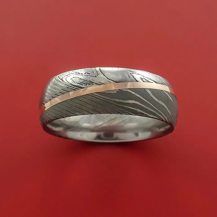 Lashbrook Rings Damascus Steel Ring with 14k Rose Gold Inlay Custom Made Band