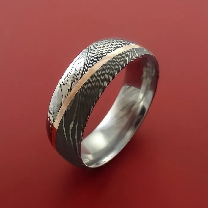 Lashbrook Rings Damascus Steel Ring with 14k Rose Gold Inlay Custom Made Band