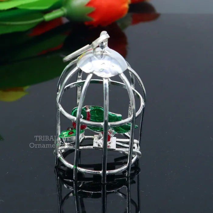 Necklaces TRIBAL ORNAMENTS Solid sterling silver handmade toy for idol krishna silver parrot and cage silver article for gifting to God or idol Krishna su768