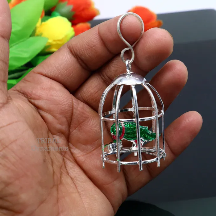 Necklaces TRIBAL ORNAMENTS Solid sterling silver handmade toy for idol krishna silver parrot and cage silver article for gifting to God or idol Krishna su768