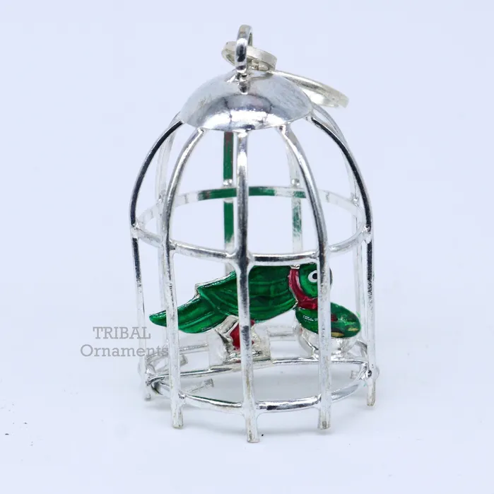 Necklaces TRIBAL ORNAMENTS Solid sterling silver handmade toy for idol krishna silver parrot and cage silver article for gifting to God or idol Krishna su768