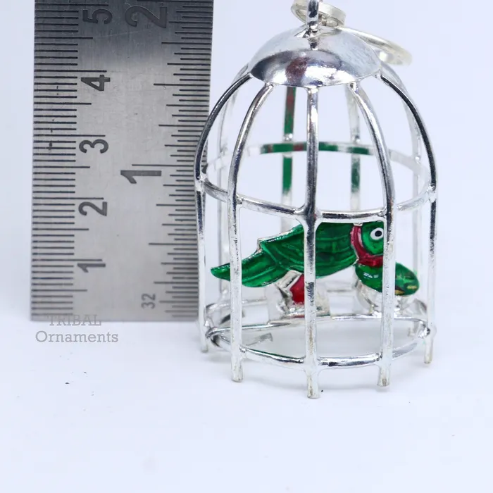 Necklaces TRIBAL ORNAMENTS Solid sterling silver handmade toy for idol krishna silver parrot and cage silver article for gifting to God or idol Krishna su768