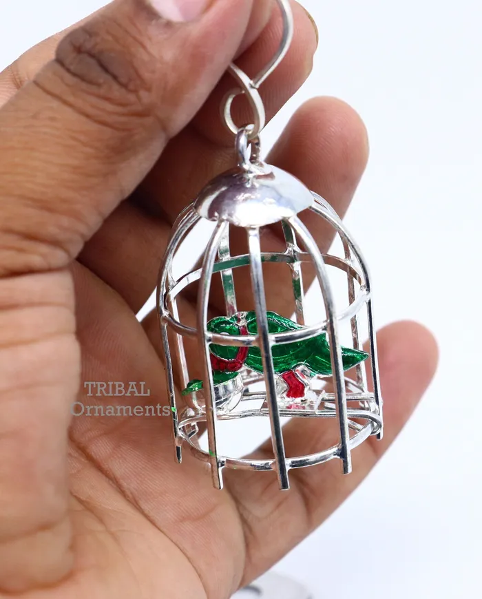 Necklaces TRIBAL ORNAMENTS Solid sterling silver handmade toy for idol krishna silver parrot and cage silver article for gifting to God or idol Krishna su768