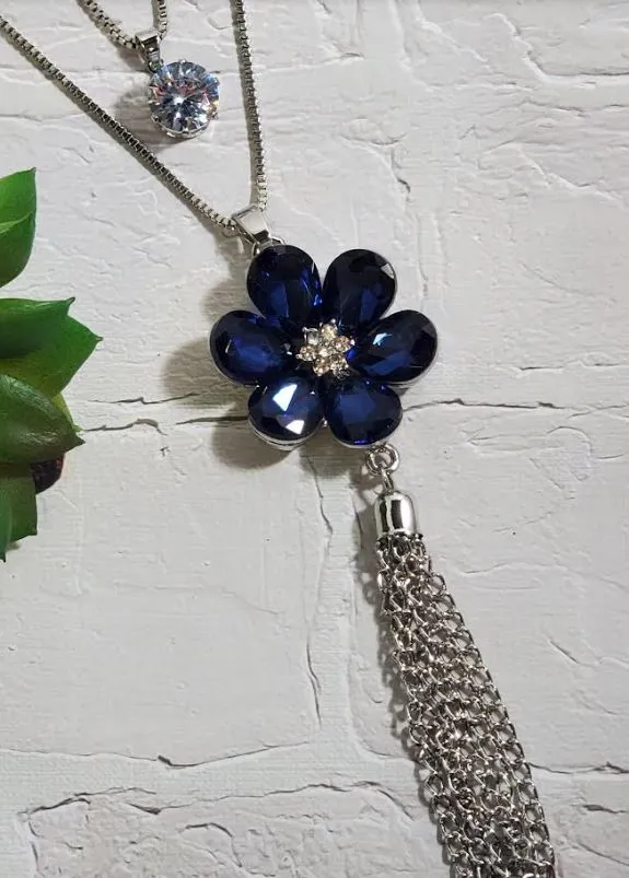 polly Necklaces AZ685 Silver Blue Gemstone Flower Tassel Necklace with FREE EARRINGS polly Necklaces AZ685 Silver Blue Gemstone Flower Tassel Necklace with FREE EARRINGS