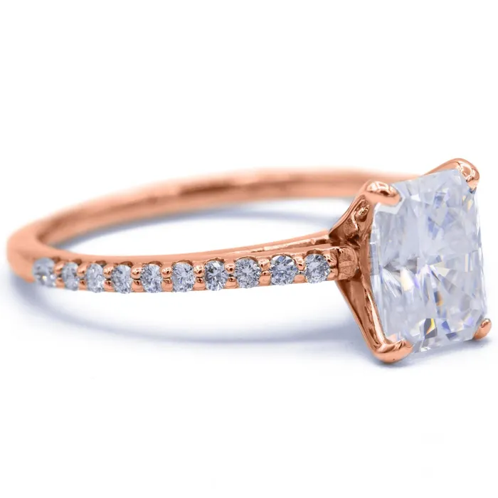 Radiant Moissanite 4 Prongs Diamond Accent Ice Cathedral Solitaire Ring Fire Brilliance Rings