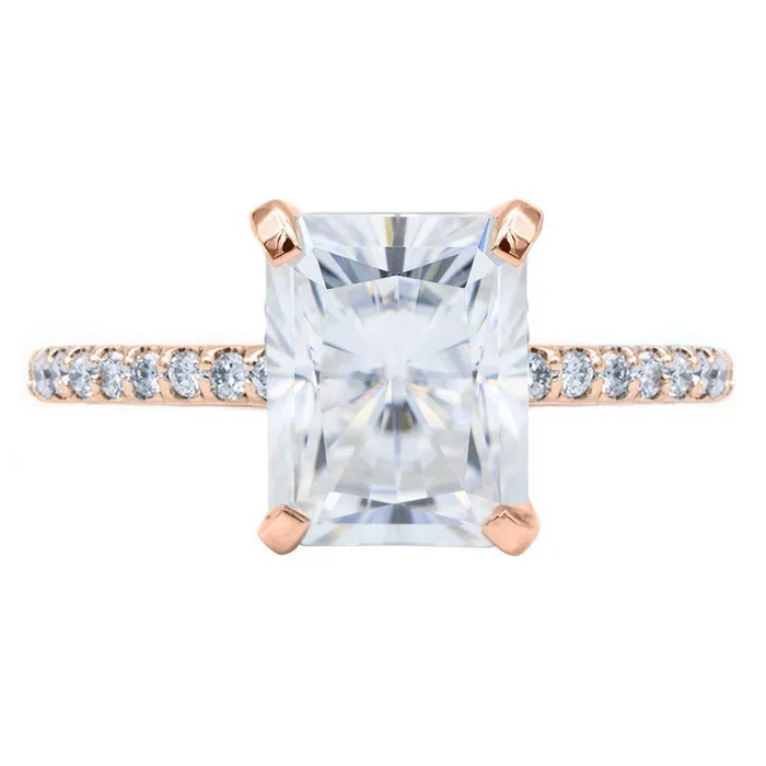 Radiant Moissanite 4 Prongs Diamond Accent Ice Cathedral Solitaire Ring Fire Brilliance Rings