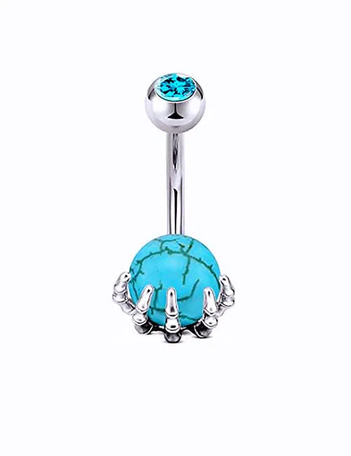 Rings 02 P98 Silver Blue Crackle Ball Claw Belly Button Ring