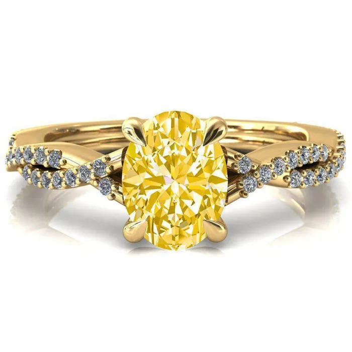 Rings Amberley Oval Canary Yellow 4 Claw Prong 12 Infinity Diamond Accent Ring Engagement Ring Fire Brilliance 