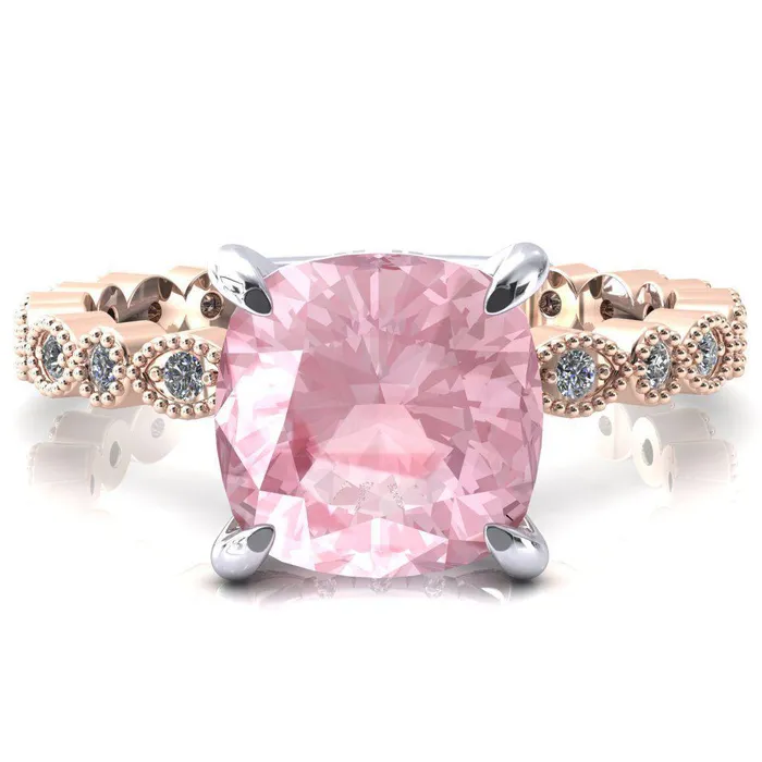 Rings Fire Brilliance Lizette Cushion Pink Sapphire 4 Claw Prong 34 Eternity Milgrain Diamond Shank Engagement Ring