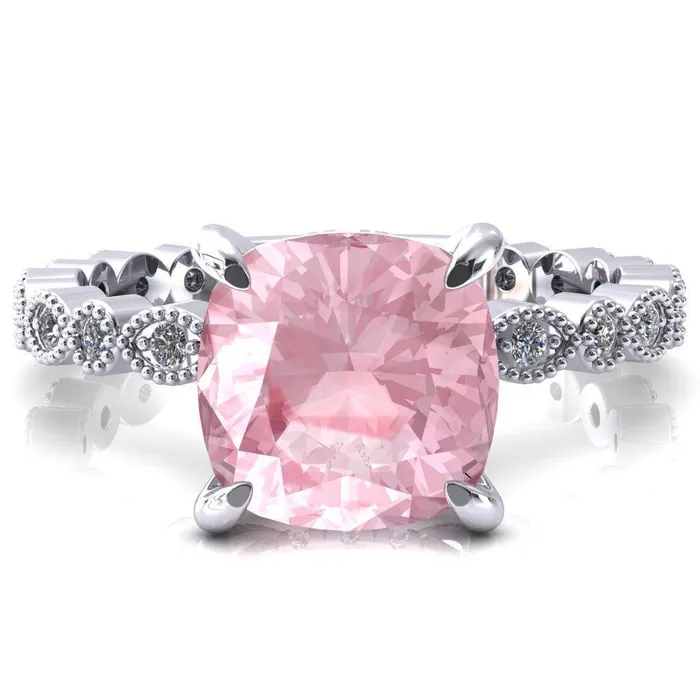 Rings Fire Brilliance Lizette Cushion Pink Sapphire 4 Claw Prong 34 Eternity Milgrain Diamond Shank Engagement Ring