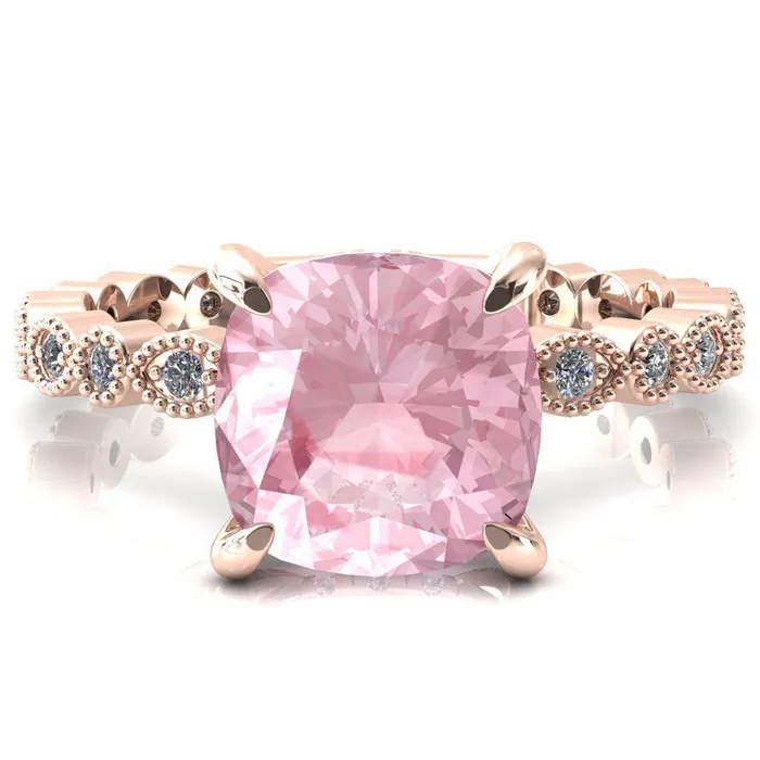 Rings Fire Brilliance Lizette Cushion Pink Sapphire 4 Claw Prong 34 Eternity Milgrain Diamond Shank Engagement Ring