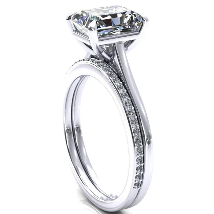 Rings Fire Brilliance Lizzy Radiant Center Stone 4 Claw Prong Cathedral Engagement Ring