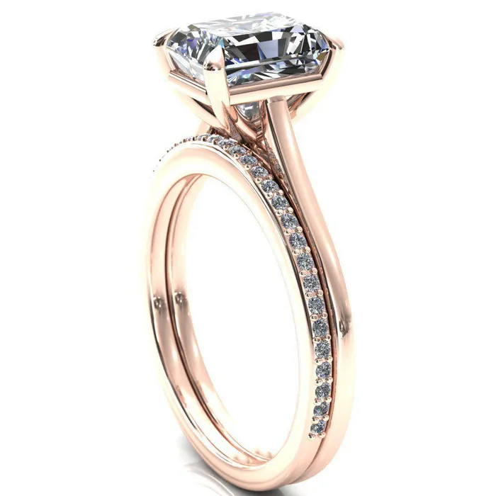 Rings Fire Brilliance Lizzy Radiant Center Stone 4 Claw Prong Cathedral Engagement Ring