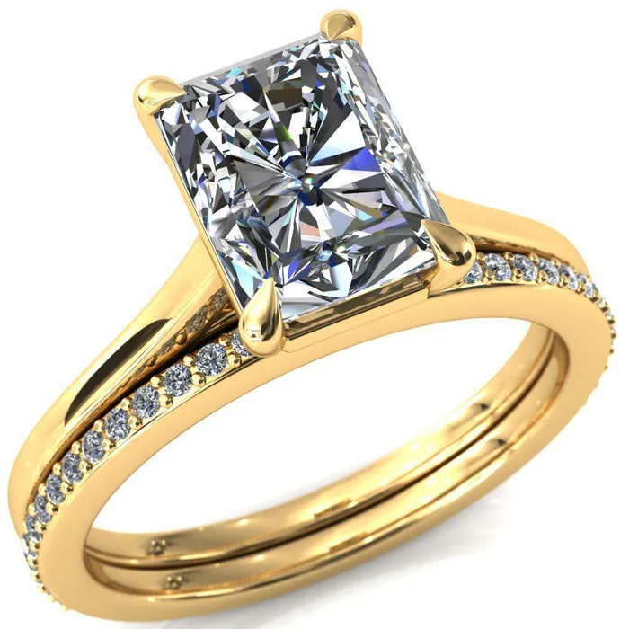 Rings Fire Brilliance Lizzy Radiant Center Stone 4 Claw Prong Cathedral Engagement Ring