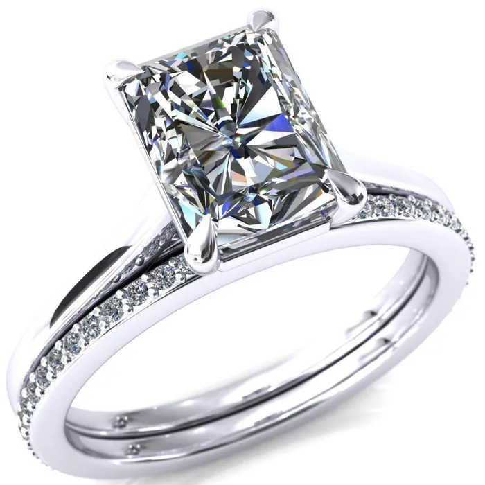Rings Fire Brilliance Lizzy Radiant Center Stone 4 Claw Prong Cathedral Engagement Ring